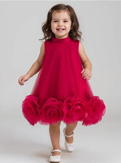 Sleeveless Floral Applique Ruffle detailed knee Length Dres