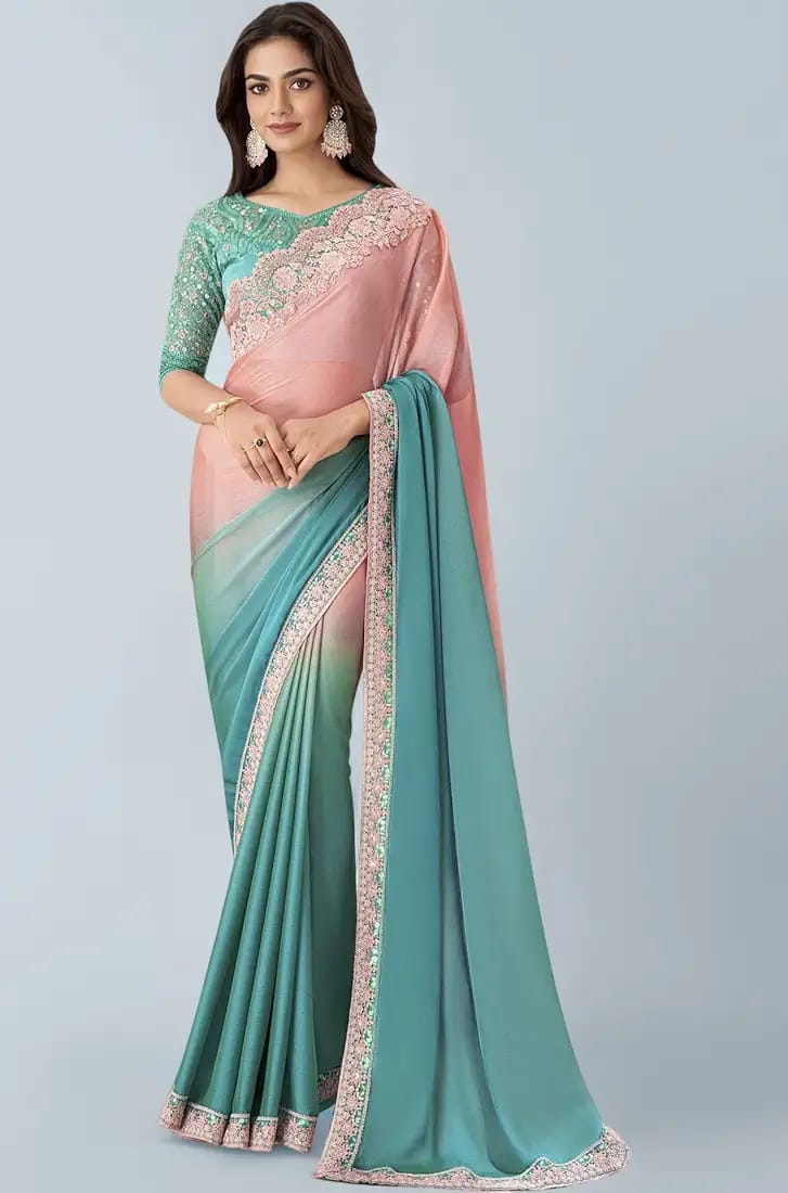 Turquoise and Pink Shaded Chiffon Saree