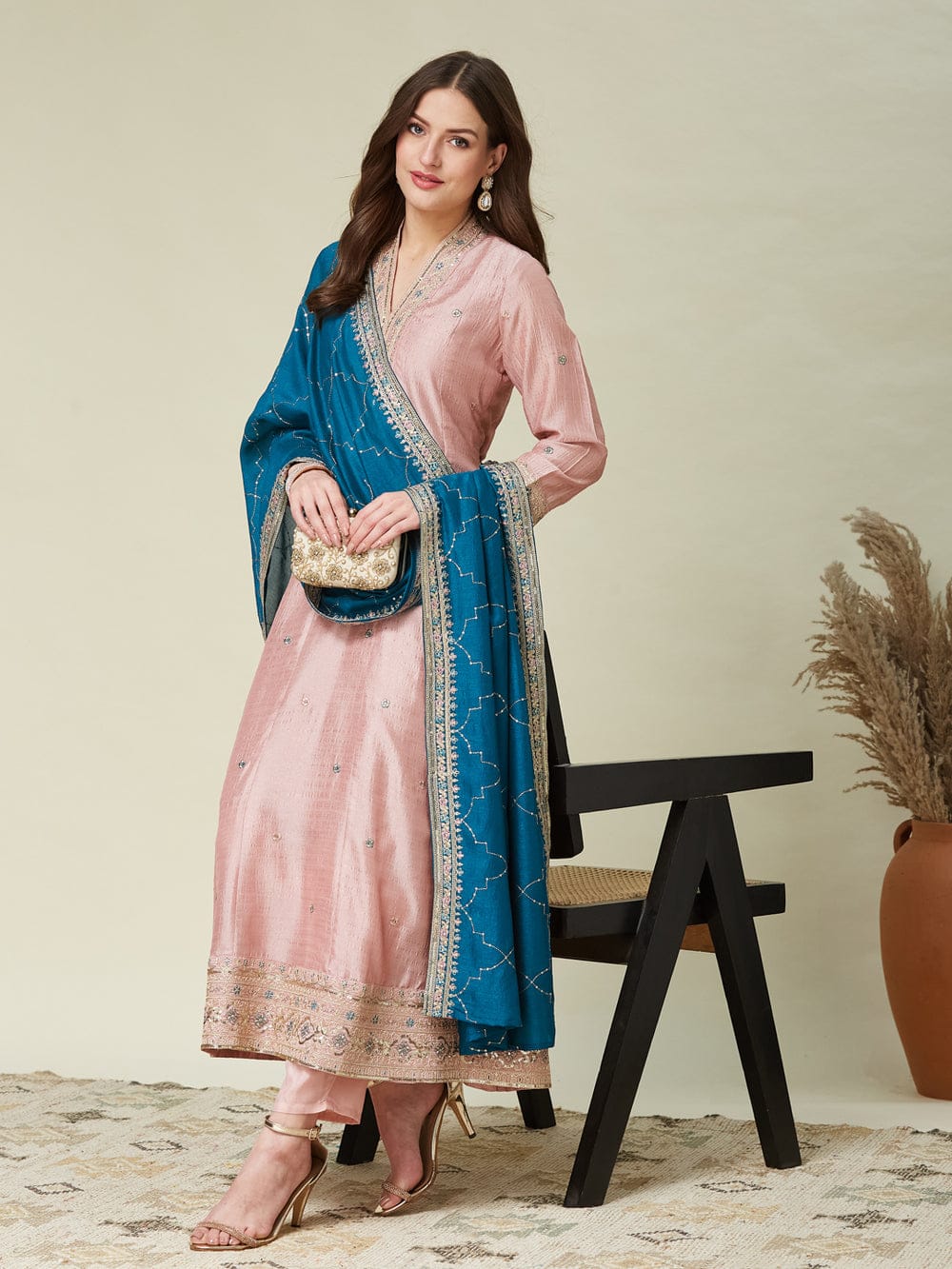 peach silk-blend Anarkali suit set