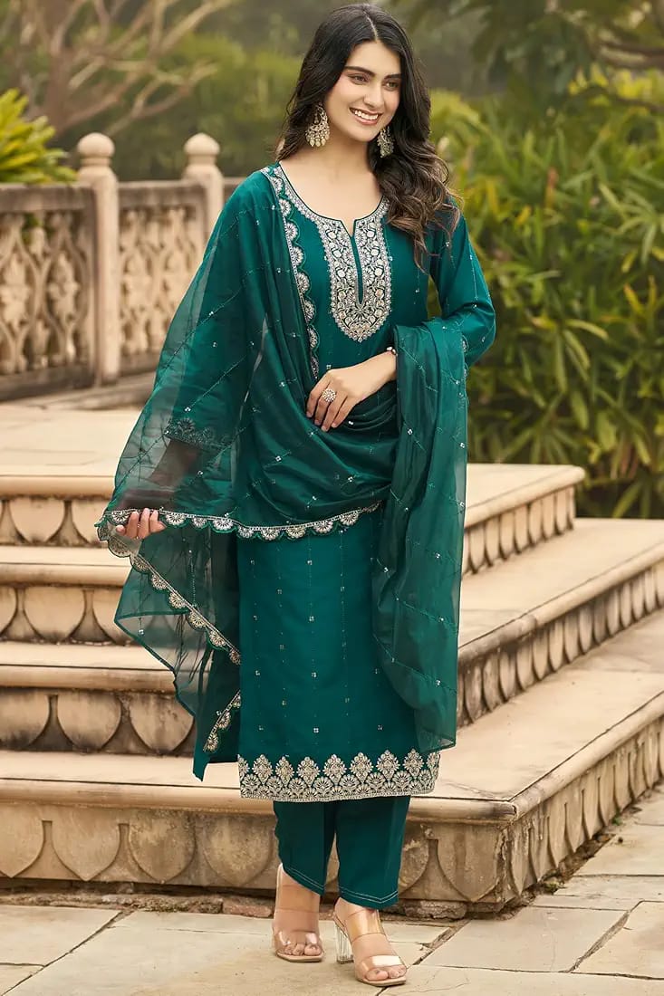 Dark green embroidered straight kurta set