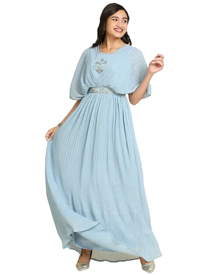 Sky Blue Georgette Long Gown with Belt